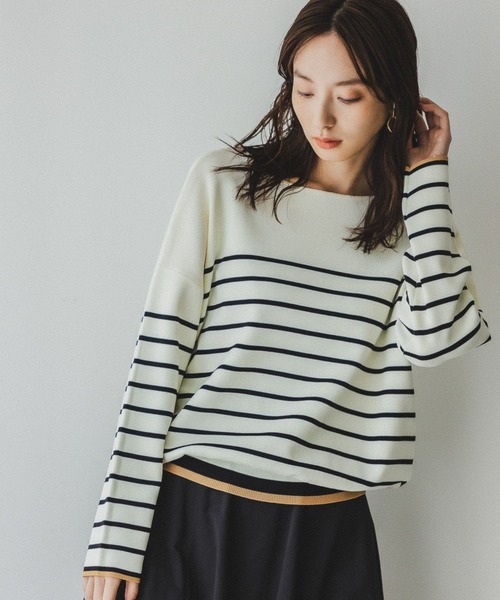 Andemiu(アンデミュウ)の「【WEB限定】ハイショクボーダーニット185622(ニット/セーター・レディース・オフホワイト/グリーン/ピンク/ネイビー・FREE)」の9枚目の写真