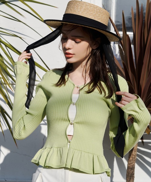 EIMY ISTOIRE(エイミーイストワール)の「パールスリットリブニットカーディガン(ニット/セーター・レディース・ホワイト/ブラック/サックスブルー/イエロー/オレンジ/グリーン系その他・FREE)」の3枚目の写真