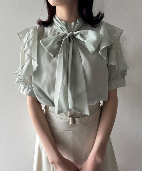 one way（ワンウェイ）の「ラメオーガンリボンタイブラウス（シャツ/ブラウス・レディース・ピンク/グリーン/ホワイト/ホワイト系その他/ベージュ系その他・FREE）」の7枚目の写真