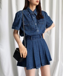me+em select | 【 デニムセットアップ 】パフスリーブウォッシュデニムシャツ＆プリーツミニスカート SET(セットアップ)