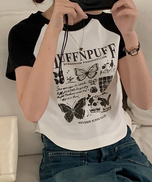 deux amour(ドゥーザムール)の「ラグラン配色短丈半袖Tシャツ(Tシャツ/カットソー・レディース・ホワイト・FREE)」の2枚目の写真