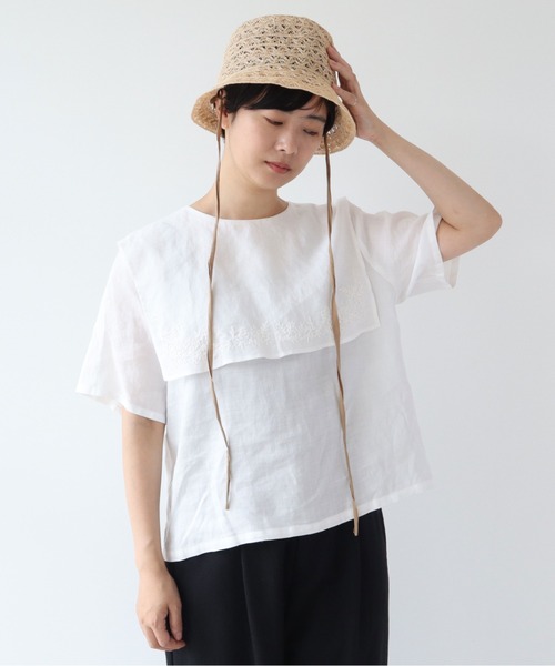 yuni ユニ ラミー　ハンド刺繍　バーサカラーブラウス セーラー 23ss 麻 yuni ユニ ラミー ハンド刺繍 バーサカラーブラウス セーラー