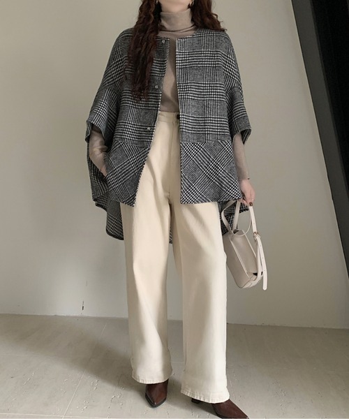 emi+(エミプラス)の「ビックシルエットチェック柄ドルマンポンチョ(ポンチョ・レディース・ブラック系その他/グレー系その他/グレー系その他2・M/L)」の7枚目の写真