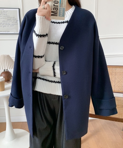 ファッション ミドルコート ノーカラーコート ネイビー ミドル丈 ノー