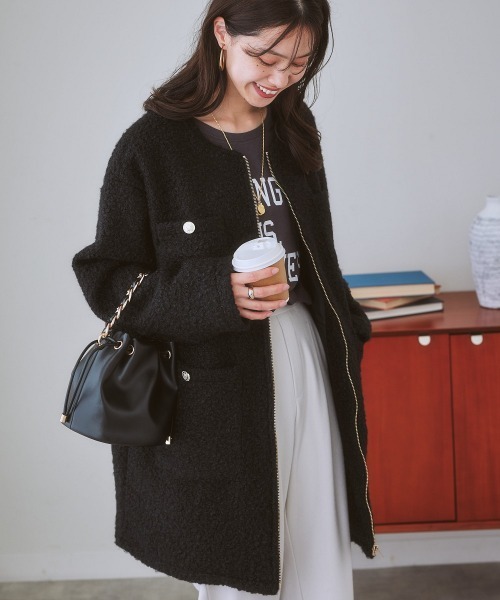 nissen（ニッセン）の「ノーカラーフェイクリングウールコート（ノーカラーコート・レディース・ブラック/キナリ・S/L/LL/M）」の4枚目の写真