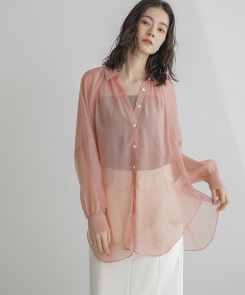 NANO universe（ナノユニバース）の「シャンブレーシアーシャツ（シャツ/ブラウス・レディース・ネイビー/オフホワイト/ピンク・FREE）」の3枚目の写真