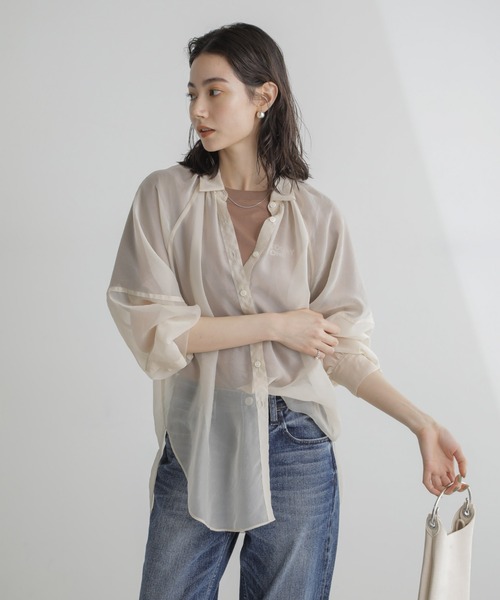 NANO universe（ナノユニバース）の「シャンブレーシアーシャツ（シャツ/ブラウス・レディース・ネイビー/オフホワイト/ピンク・FREE）」の8枚目の写真