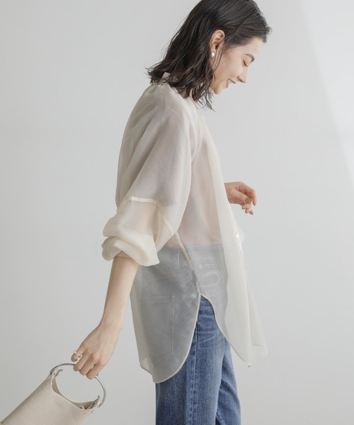 NANO universe（ナノユニバース）の「シャンブレーシアーシャツ（シャツ/ブラウス・レディース・ネイビー/オフホワイト/ピンク・FREE）」の9枚目の写真