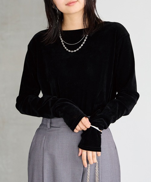 LAVEANGE(ラビアンジェ)の「フロッキーベロアプルオーバー(Tシャツ/カットソー・レディース・ブラック/グレイッシュベージュ/カーキ/アイボリー/ピンク/ブラウン・LL/3L/4L/M/5L)」の3枚目の写真