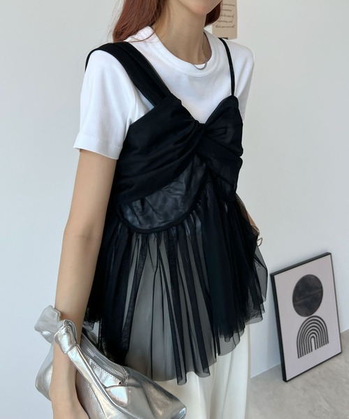 Futier land(フューティアランド)の「チュールアシンメトリーキャミソールトップス(キャミソール・レディース・アイボリー/ブラック/グレー/ブルー・FREE)」の5枚目の写真