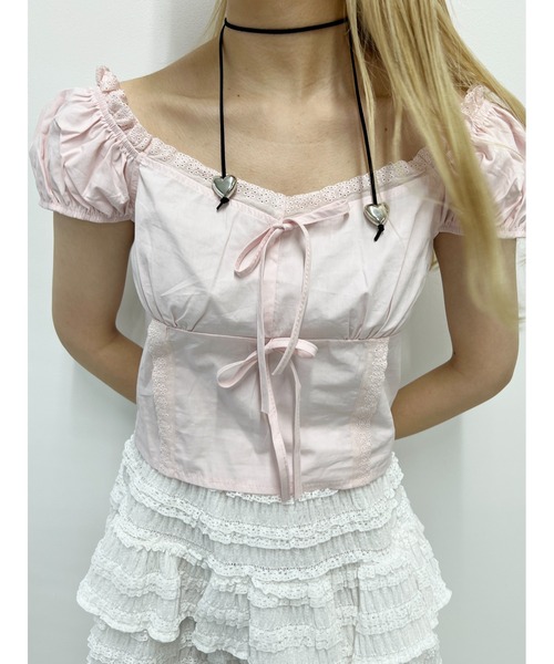 PHILLY（フィリー）の「【PHILLY】フロントリボンブラウス（シャツ/ブラウス・レディース・ホワイト/ピンク・FREE）」の4枚目の写真