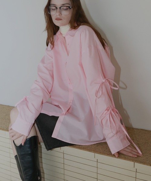 未使用級✨ヨリ 24SS キルトライクボリューム 長袖 ブラウス　ピンク　F ブロードリボンオーバーサイズブラウスシャツ（シャツ/ブラウス
