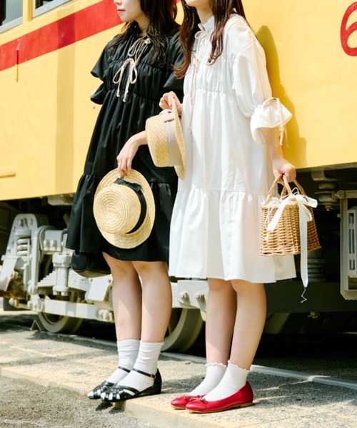 クティールとレトロ】ジャガードアソートフリルリボンミニワンピース