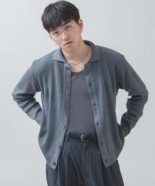 ZIP FIVE -White Line-(ジップファイブホワイトライン)の「【White Line】 リブ ニット シャツカーディガン / 短丈 ニット(カーディガン/ボレロ・メンズ・ブルー/グレー/ブラック/グリーン系/ブラウン・LARGE/MEDIUM)」の1枚目の写真