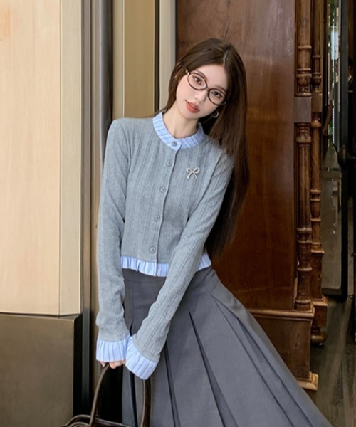セール】リボンブローチ付きトラッドニットカーディガン（ニット