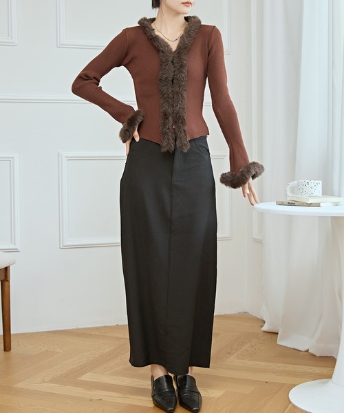 セール】ファー付き Vネック リブ ニット カーディガン（カーディガン