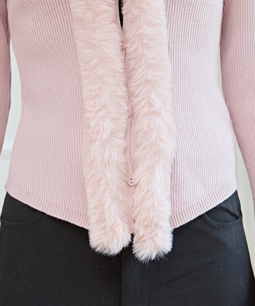 セール】ファー付き Vネック リブ ニット カーディガン（カーディガン