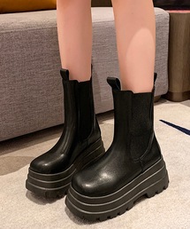 厚底 3段 レザー調 サイドゴア ミドル ブーツ