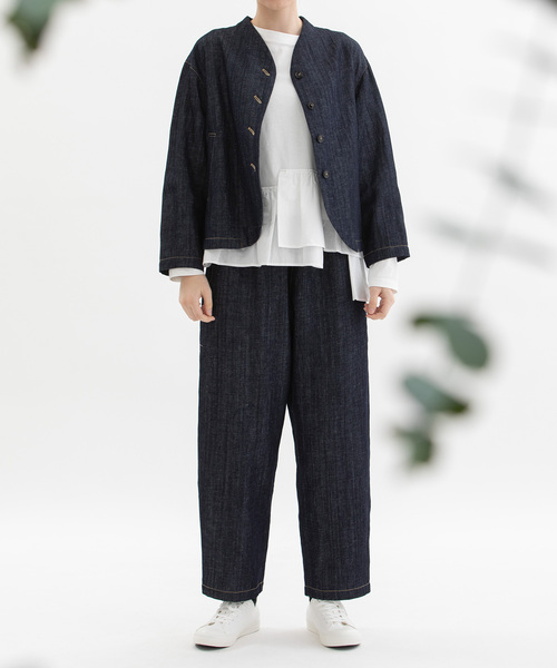 nop de nod(ノップドゥノッド)の「コットンリネンエルボーロゴ刺繍ノーカラージャケット(ノーカラージャケット・レディース・ブラック/インディゴブルー/キナリ・M)」の12枚目の写真