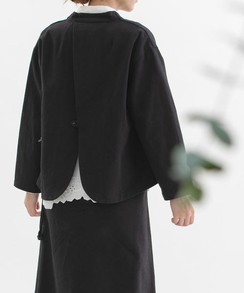 美品 ノップドゥノッド nop de nod リネンノーカラージャケットブラック ノップドゥノッド nop de nod リネンコットンノーカラー