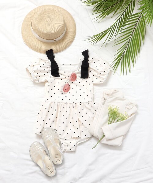 apres les cours（アプレレクール）の「【ジュニア対応】肩リボンパフスリーブワンピース水着_UVカット（水着・キッズ・その他3/ドット・80/90/100/110/120/130/140）」の6枚目の写真