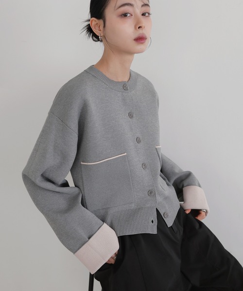 完売品✨美品✨オブリ ニットカーディガン リボン バイカラー ホワイト ウール 完売品✨オブリ ニットカーディガン リボン バイカラー ホワイト