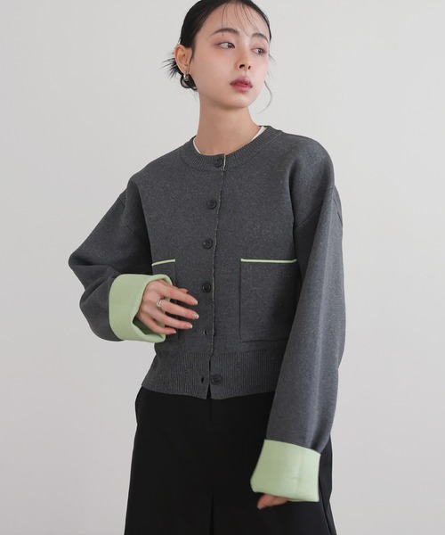 LIAN（リアン）の「バイカラーニットカーディガン【入荷禁止】（カーディガン/ボレロ・レディース・ベージュ/アイボリー/グレー/チャコールグレー・FREE）」の11枚目の写真
