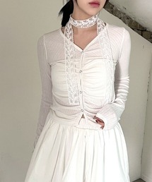 【クロップド丈】 Vネック シャーリング ボタン 長袖 リブ カーディガン