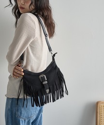 フェイクスエードウエスタンバックルフリンジショルダーバッグ
