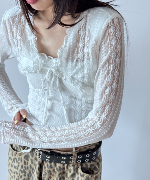 Y2K SYNAPSE FACTORY(ワイツーケー シナプスファクトリー)の「【レースアンサンブル】カップキャミ×リボンショートボレロ(Tシャツ/カットソー・レディース・ホワイト/ブラック・FREE)」の6枚目の写真