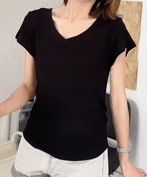 aimoha(アイモハ)の「VネックリブフレンチTシャツ (SS)(Tシャツ/カットソー・レディース・ダークグレー/ホワイト/ブラック/ライトベージュ・MEDIUM/LARGE)」の4枚目の写真