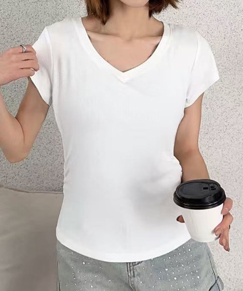 aimoha(アイモハ)の「VネックリブフレンチTシャツ (SS)(Tシャツ/カットソー・レディース・ダークグレー/ホワイト/ブラック/ライトベージュ・MEDIUM/LARGE)」の11枚目の写真