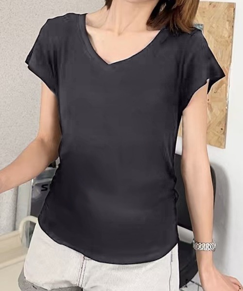 aimoha(アイモハ)の「VネックリブフレンチTシャツ (SS)(Tシャツ/カットソー・レディース・ダークグレー/ホワイト/ブラック/ライトベージュ・MEDIUM/LARGE)」の12枚目の写真