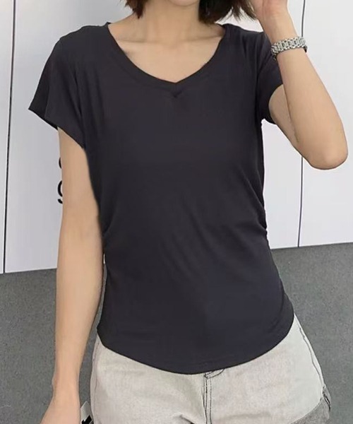aimoha(アイモハ)の「VネックリブフレンチTシャツ (SS)(Tシャツ/カットソー・レディース・ダークグレー/ホワイト/ブラック/ライトベージュ・MEDIUM/LARGE)」の13枚目の写真