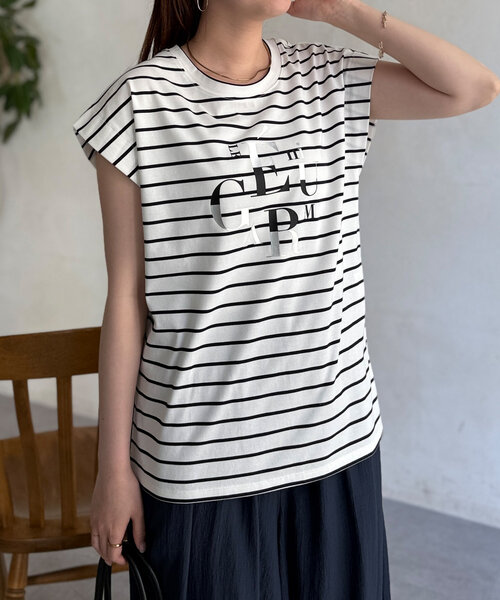 Chez toi（シェトワ）の「ランダムロゴフレンチスリーブT（Tシャツ/カットソー・レディース・アイボリー/ブラック/グレイッシュベージュ/オフホワイト・FREE）」の16枚目の写真