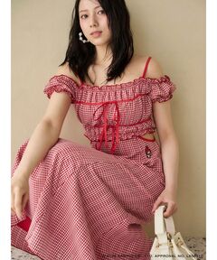 ピンクハウスのひな菊ワッペン使いギンガムチェックミディワンピース♡ ひな菊ワッペン使いギンガムチェックミディワンピース