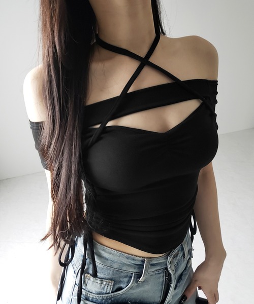 me+em select（ミームセレクト）の「【 ２WAY 】半袖クロスストラップリボンカットアウトオフショルトップス ／ short sleeve cross strap ribbon cutout offshoulder tops（Tシャツ/カットソー・レディース・ブラック/グレー/ホワイト・FREE）」の8枚目の写真
