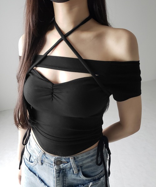 me+em select（ミームセレクト）の「【 ２WAY 】半袖クロスストラップリボンカットアウトオフショルトップス ／ short sleeve cross strap ribbon cutout offshoulder tops（Tシャツ/カットソー・レディース・ブラック/グレー/ホワイト・FREE）」の9枚目の写真