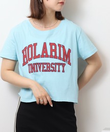 ショート丈裾フリンジオーバサイズシルエットロゴプリントTシャツ