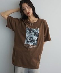 ブラウン 半袖Tシャツ 花柄デザイン 朧/オボロ 鷹 富士山 桜 ALL抜染プリント 和風景 インパクト 和