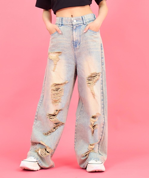 ANAP GｉRL（アナップガール）の「ハイクラッシュ デニム ワイド パンツ【キッズお揃い】（デニムパンツ・キッズ・ブラック/ブルー・XS/M/S）」の2枚目の写真