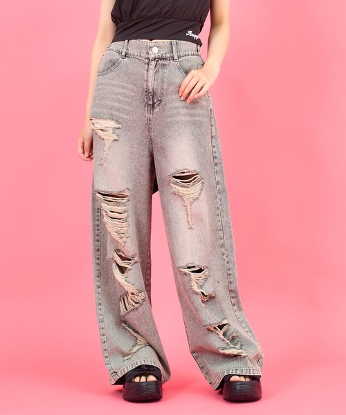 セール】ハイクラッシュ デニム ワイド パンツ【キッズお揃い