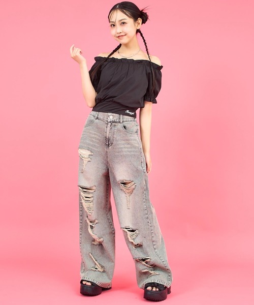 ANAP GｉRL（アナップガール）の「ハイクラッシュ デニム ワイド パンツ【キッズお揃い】（デニムパンツ・キッズ・ブラック/ブルー・XS/M/S）」の4枚目の写真