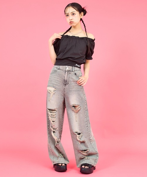 ANAP GｉRL（アナップガール）の「ハイクラッシュ デニム ワイド パンツ【キッズお揃い】（デニムパンツ・キッズ・ブラック/ブルー・XS/M/S）」の5枚目の写真