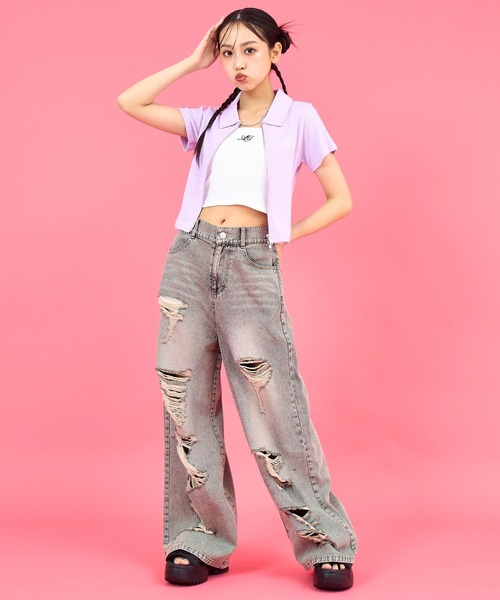 ANAP GｉRL（アナップガール）の「ハイクラッシュ デニム ワイド パンツ【キッズお揃い】（デニムパンツ・キッズ・ブラック/ブルー・XS/M/S）」の7枚目の写真