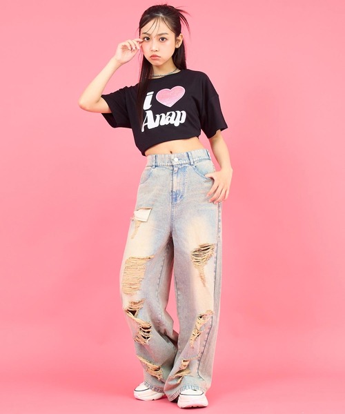 ANAP GｉRL（アナップガール）の「ハイクラッシュ デニム ワイド パンツ【キッズお揃い】（デニムパンツ・キッズ・ブラック/ブルー・XS/M/S）」の12枚目の写真