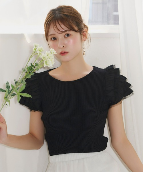 Olu.(オルドット)の「フリルスリーブサマーニット(Tシャツ/カットソー・レディース・ブラック/ベージュ/ホワイト・FREE)」の3枚目の写真