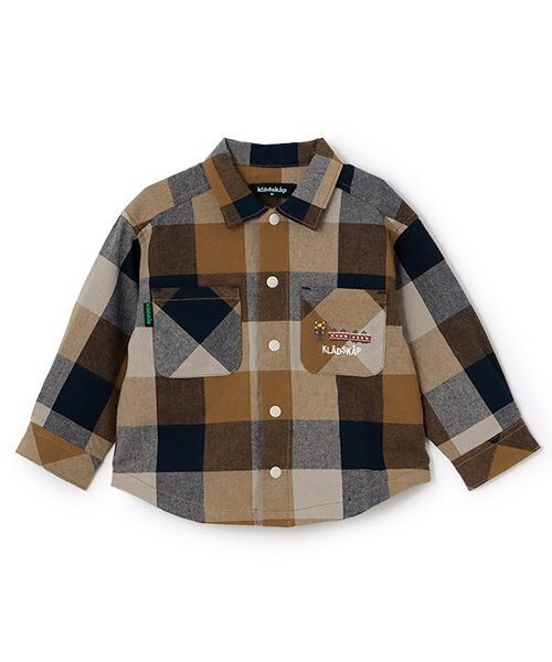 kladskap（クレードスコープ）の「【人気商品再入荷】【直営店で取り扱い無し】電車刺しゅうチェック長袖シャツ（シャツ/ブラウス・キッズ・レッド/ブラウン・90cm/100cm/110cm/120cm/130cm）」の2枚目の写真