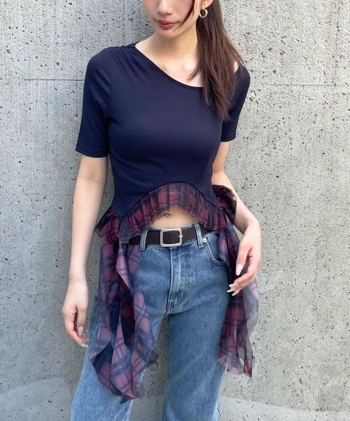 3.3 Field Trip （3.3フィールドトリップ）の「3.3 Field Trip／裾チェックカスケードT（Tシャツ/カットソー・レディース・ブラック/ネイビー/グレー・FREE）」の3枚目の写真