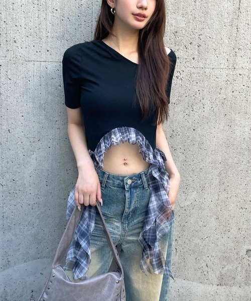 3.3 Field Trip （3.3フィールドトリップ）の「3.3 Field Trip／裾チェックカスケードT（Tシャツ/カットソー・レディース・ブラック/ネイビー/グレー・FREE）」の2枚目の写真